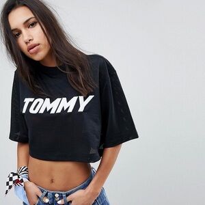Gigi Hadid Tommy Logo Mesh Crop T-Shirt